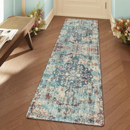 Miniatura 21 de Lahome Alfombra bohemia con medallón floral, 4 x 6 pies, color verde azulado, suave, lavable, antideslizante, apta para mascotas, alfombra