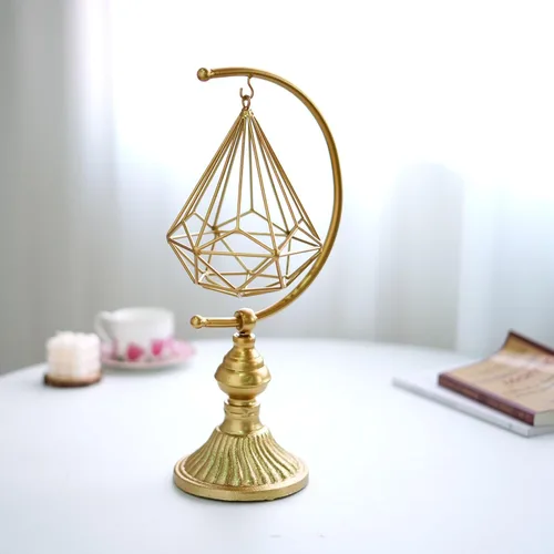 Miniatura 3 de HLQMFHT Escultura Abstracta Geométrica de Metal de 5.6 pulgadas de ancho x 16.3 pulgadas de alto sobre Base de Hierro Fundido, Decoración de Gold-f