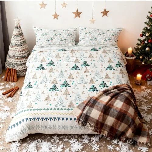 Miniatura 13 de Juego de funda de edredón para niños con diseño de Navidad, tamaño individual, camiones rojos y árboles de pino con copos de nieve, decoración