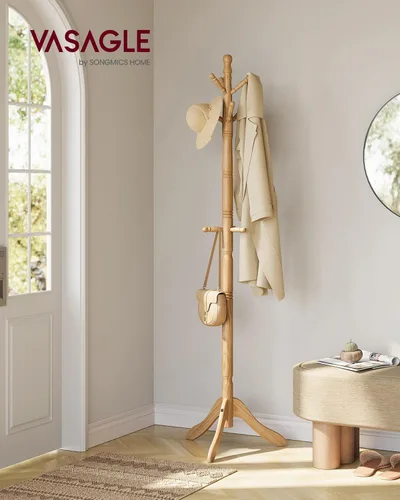 Miniatura 2 de VASAGLE Perchero de madera maciza y soporte, árbol de pasillo independiente con 10 ganchos para sombreros, bolsos, carteras, para entrada, pasillo