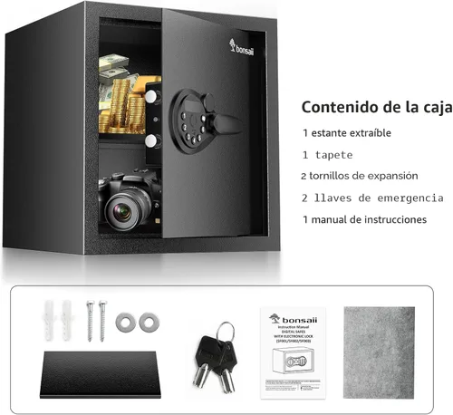 Miniatura 8 de Caja de seguridad Bonsaii, caja de seguridad grande de 1.2 pies cúbicos para documentos, nuevo tipo de cerradura con teclado digital, estante