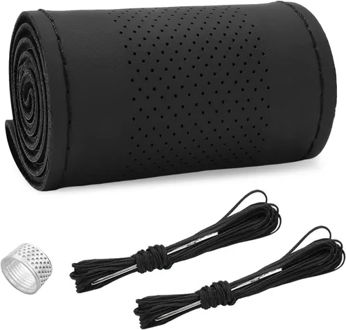 Miniatura 18 de Ziciner - Funda de cuero genuino para volante, transpirable, antideslizante, protector de volante de automóvil para un diámetro máximo de 15 Negro