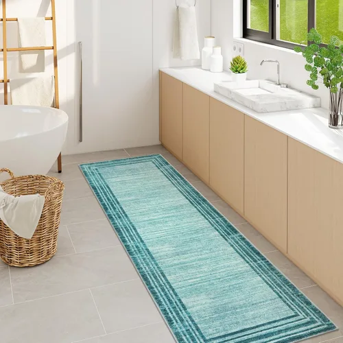 Miniatura 26 de Alfombra de pasillo moderna abstracta Lahome, alfombra lavable turquesa de 2 x 6 pulgadas para entrada, alfombra antideslizante de bajo pelo