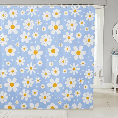 Miniatura 25 de Cortina de baño de flores de margarita para niños y niñas, cortina de ducha floral para decoración de baño, 72 x 72 pulgadas, retro, floral