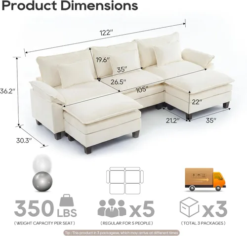 Miniatura 2 de URRED - Sofá seccional modular Cloud Couch, sofá moderno en forma de U de 122" con asiento profundo con 2 otomanos y almohadas, sofás de chenilla