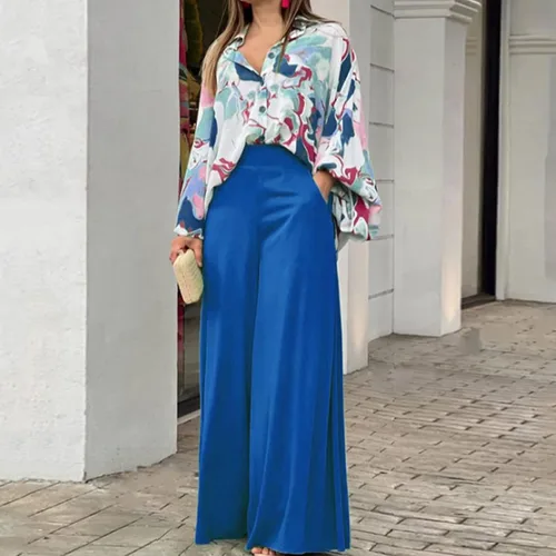 Miniatura 2 de ThusFar Conjunto casual de dos piezas para mujer conjunto de camisa con botones y pantalones largos de pierna ancha palazzo