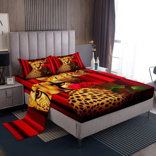 Miniatura 26 de Erosebridal Sábanas de cama de guepardo con rosa roja, juego de sábanas de bolsillo profundo con estampado de leopardo y gato, sábana bajera