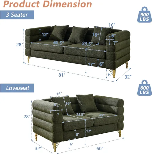 Miniatura 2 de mikibama Juego de sofá Teddy de lujo para sala de estar, muebles de decoración moderna sofá seccional, sofá de 3 plazas y loveseat con 5 almohadas