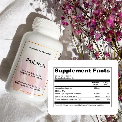 Miniatura 2 de Nourished Natural Health ProbIron - Suplemento probiótico + hierro para mujer potenciado con vitamina C y cobre, fórmula vegana para energía