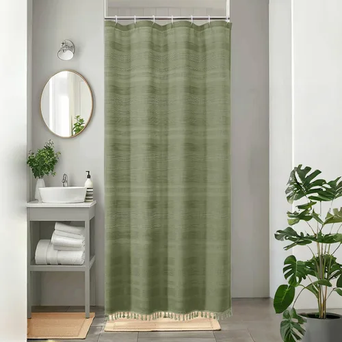 Miniatura 19 de OVZME Cortina de ducha bohemia negra, cortina de ducha estrecha de tela suave a rayas de lino texturizado con borla, moderna decoración de baño