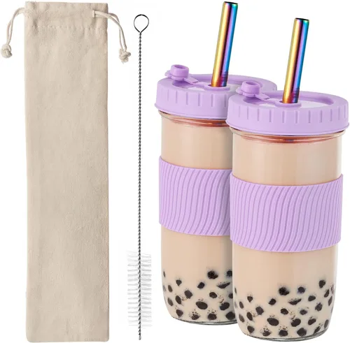 Miniatura 8 de Amyoole Paquete de 2 tazas Boba reutilizables, vasos de batido de boca ancha de 24 onzas, vasos de vidrio con tapas y popotes, tazas de té