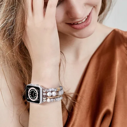 Miniatura 4 de VISOOM Pulsera de cuentas compatible con Apple Watch Band de 40mm/38mm/41mm/42mm Series 10 9 8 7 SE Series 6/5/4; correa de reloj elástica con Blanco