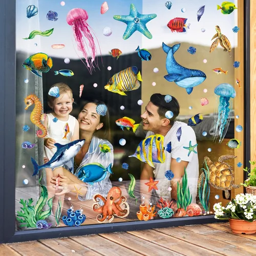 Miniatura 4 de AnyDesign 9 hojas de calcomanías de ventana de verano, reutilizables, acuarela, animales marinos, calcomanías de vidrio para el hogar, fiesta, bajo