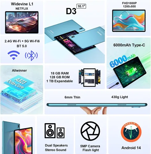 Miniatura 2 de DMOAO Tableta, tabletas de 10.1 pulgadas, tableta Android 14 con 18 GB de RAM+128 GB de ROM/1TB Expand, CPU Octa-Core 1.8GHz, batería de 6000 mAh