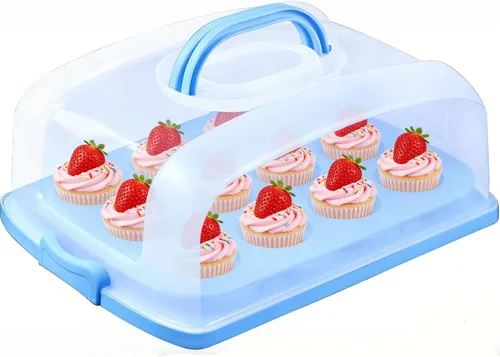 Miniatura 10 de Transportador 2en1 para magdalenas y pasteles con tapa, soporte rectangular para tartas, contenedor de almacenamiento portátil grande para guardar