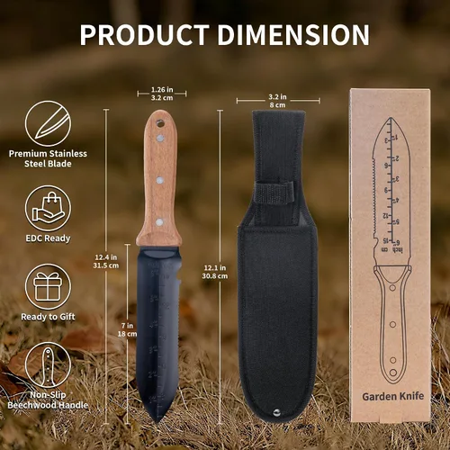 Miniatura 2 de YANG Hori Hori - Cuchillo de jardín, cuchillo de jardinería de acero inoxidable de 7 pulgadas con funda de tela Oxford, mango de madera de haya