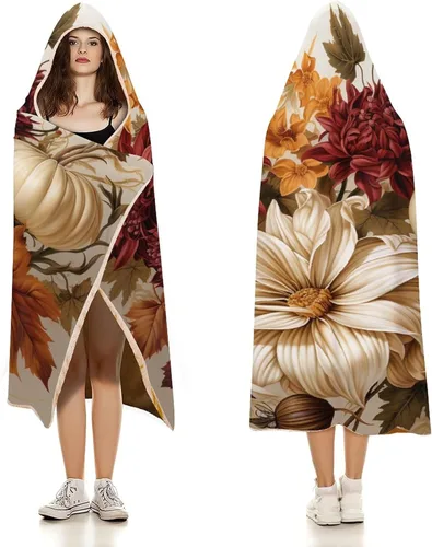 Miniatura 3 de Manta con capucha de hojas y calabazas de otoño para el día de Acción de Gracias, manta gruesa de franela para niños, adolescentes y adultos
