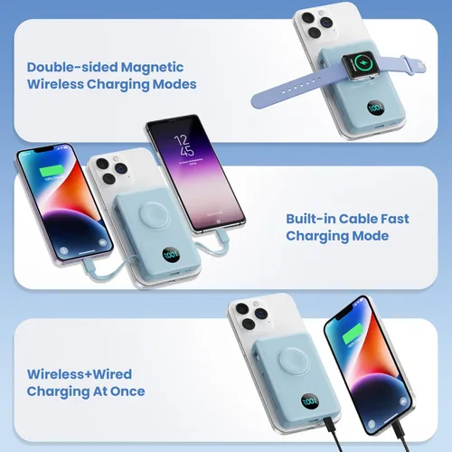 Miniatura 41 de Cargador portátil magnético de 10800 mAh para iPhone con cables integrados, cargador de batería inalámbrico 6 en 1 con cargador iWatch, pantalla LCD