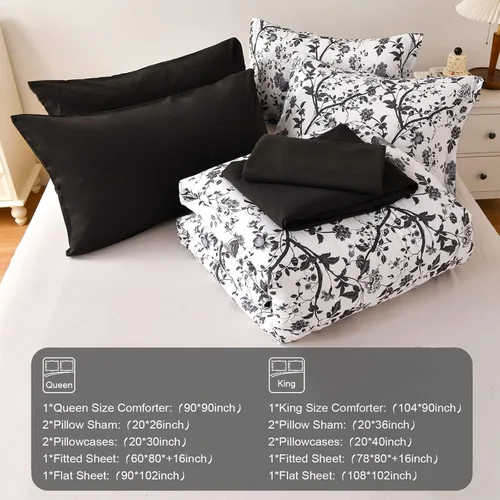 Miniatura 6 de Juego de edredón para cama Queen, juego de cama de 7 piezas en una bolsa, de microfibra suave, patrón floral de hojas negras sobre blanco