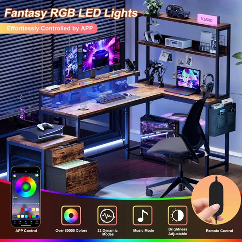 Miniatura 5 de REAHOME Escritorio en forma de L de 70 pulgadas con cajones de archivos y estantes de almacenamiento reversibles, escritorio de computadora con toma
