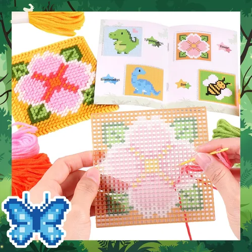 Miniatura 4 de Pllieay Kit de punto de cruz principiante 10 en 1 para niños, kit de bordado incluye 10 piezas de lienzo de malla plástica con patrón, 15 hilos, 5