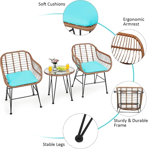 Miniatura 17 de Tangkula - Juego de 3 piezas para conversación en el patio, juego de muebles de mimbre al aire libre con mesa redonda de vidrio templado y 2