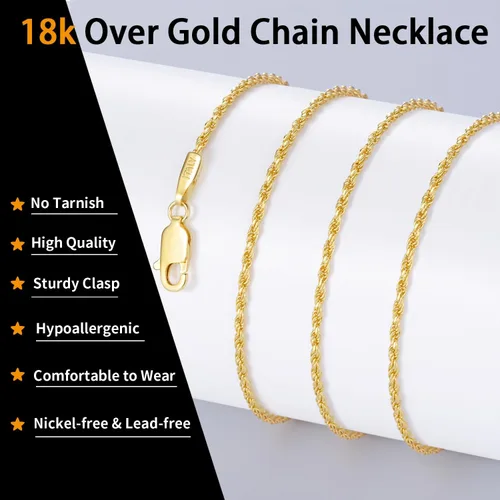 Miniatura 2 de Jewlpire Collar de cadena de plata de ley 925 maciza de 18 quilates para mujeres y niñas, cadena de cuerda de 0.069 pulgadas, cadena italiana