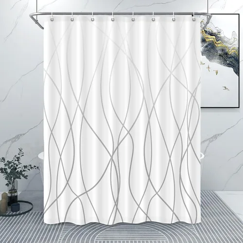 Miniatura 53 de Juego de cortinas de ducha azul egeo para baño con ganchos, cortinas de baño decorativas repelentes al agua y lavables con rayas blancas, 72 x 72