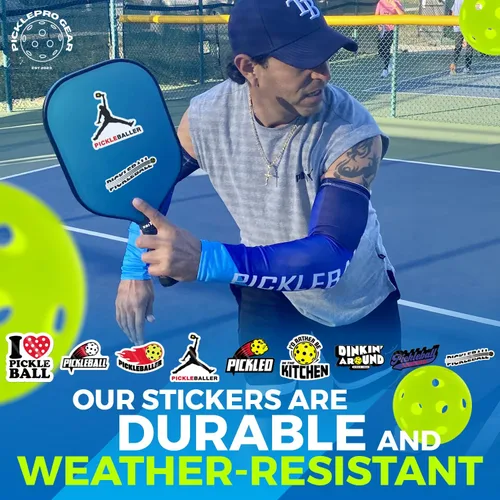 Miniatura 5 de Juego de calcomanías de pickleball – 9 divertidas calcomanías de vinilo + 10 pulseras de primer servidor – Accesorios de pickleball y regalos