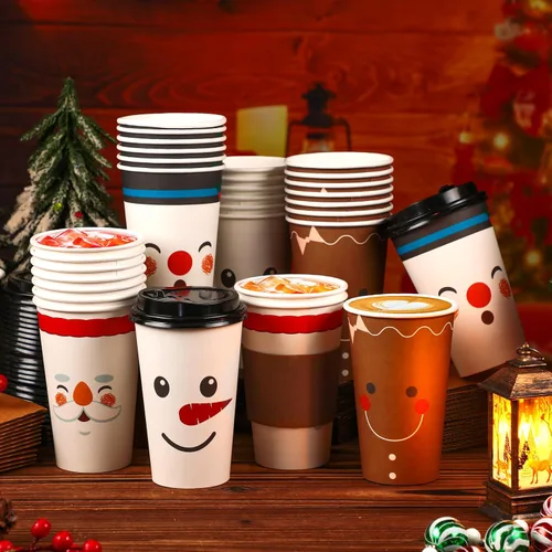 Miniatura 11 de Zhehao 90 piezas/30 juegos de tazas de café de papel navideñas con tapas y fundas, tazas de papel desechables para cacao caliente y fiestas