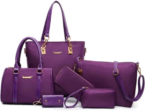 Miniatura 9 de Juego de 6 bolsas con asa superior de nailon para mujer, incluye bolsa grande, bolsa mediana, bolsa de hombro, cartera, bolsa de mano y llavero 6