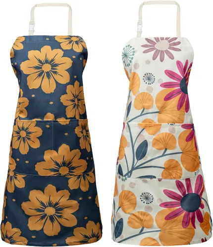 Miniatura 8 de LOLOMLO 2 Pack Floral Apron for Women with Pockets, Water Resistant Adjustable Neck Strap, Apron for Gardening