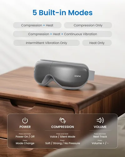 Miniatura 5 de RENPHO - Masajeador de ojos con calor y música Bluetooth, máquina recargable para el cuidado de los ojos con 5 modos, relaja y reduce la tensión