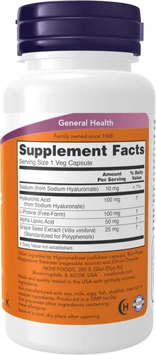 Miniatura 2 de NOW Foods Suplementos, Ácido Hialurónico 100 mg, Doble Fuerza con L-Prolina, Ácido Alfa Lipoico y Extracto de Semilla de Uva, 60 Cápsulas Vegetales