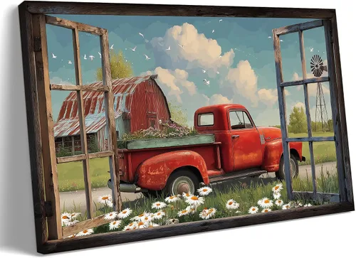 Miniatura 29 de Decoración rústica de granja en lienzo con ventana abierta, impresiones artísticas para pared, pintura de camión viejo, lienzo de granero y bandera