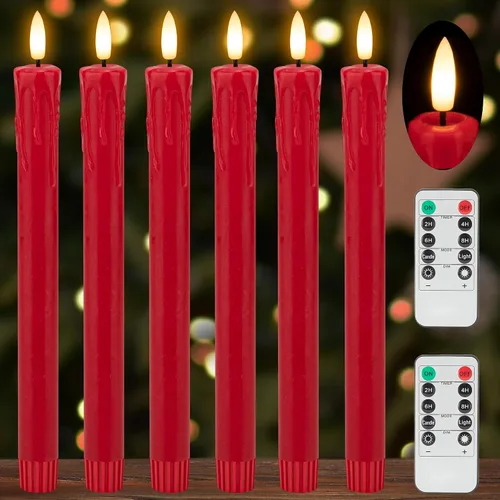 JOIONE Velas cónicas sin llama con temporizador remoto, cera real roja parpadeante de 9.6 pulgadas, funciona con pilas, luz cálida, velas LED