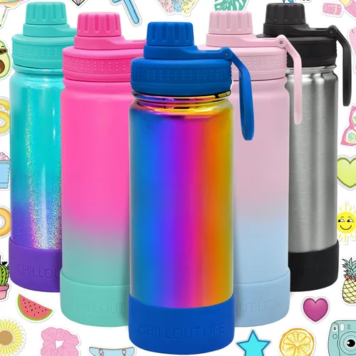 Miniatura 38 de CHILLOUT LIFE Botella de agua aislada para niños de 12 onzas para la escuela con tapa de boquilla a prueba de fugas y bonitas calcomanías Azul
