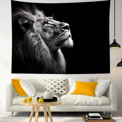 LB Tapiz de león con animales salvajes, león africano, blanco y negro, gris, para colgar en la pared, dormitorio, sala de estar, dormitorio, arte de