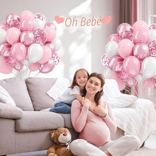 Miniatura 6 de Globos de color rosa claro y blanco, 60 unidades de 12 pulgadas, globos de confeti de color rosa perla claro y blancos para boda, despedida
