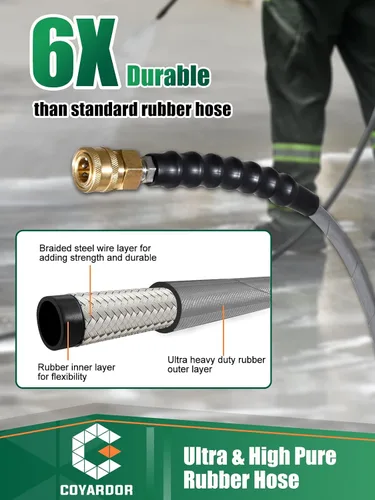 Miniatura 3 de Manguera de Lavadora a Presión de 1/4", 125 Pies, 4500 PSI, Capa Trenzada de Acero y Goma Antideslizante para Agua Caliente/Fría, Repuesto