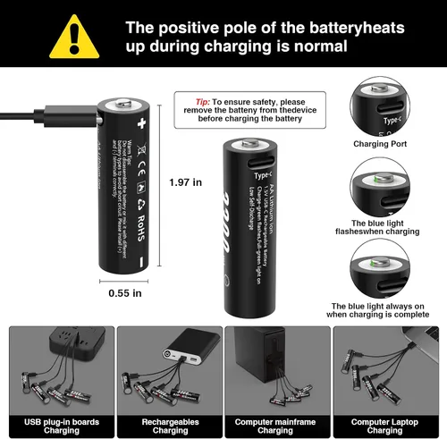 Miniatura 3 de Baterías recargables AA de litio, baterías AA recargables USB C, paquete de 4 unidades de 3300 mWh con cable USB C 4 en 1, más de 1200 ciclos, carga