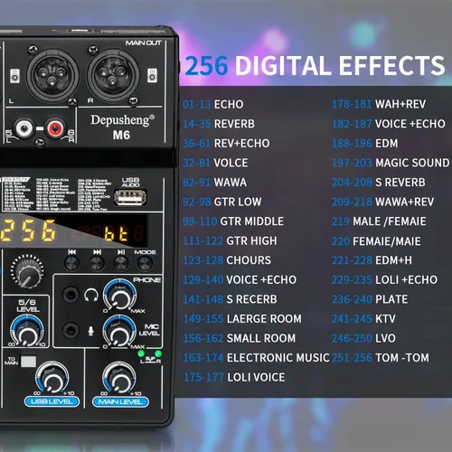 Miniatura 7 de Depusheng M6 Mezclador DJ portátil de 6 canales con Bluetooth, consola de mezcla de sonido MP3 incorporada con 256 efectos digitales, 48V Phantom