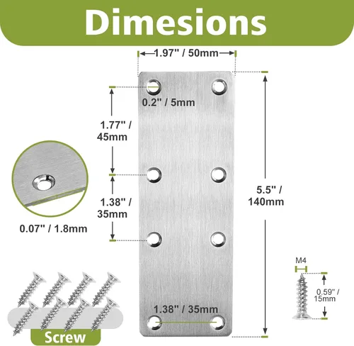 Miniatura 5 de Soporte plano recto de 140 x 50 x 2 mm, placa de reparación plana plateada Masendelk de acero inoxidable para fijación de esquina de muebles