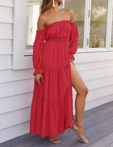Miniatura 32 de ZESICA - Vestido largo, bohemio y sexy, con hombros descubiertos y manga larga fruncida, con elástico fruncido, cintura alta y abertura lateral