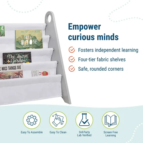 Miniatura 4 de Wildkin Estantería para niños, almacenamiento moderno de madera con 4 estantes y asas de tela, organizador para el hogar o el aula, gris y blanco