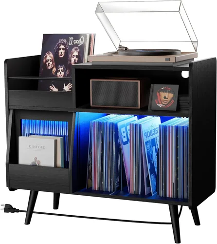Loomie Soporte grande para tocadiscos negro con toma de corriente y luz LED, gabinete de almacenamiento de discos de vinilo de hasta 350 álbumes,