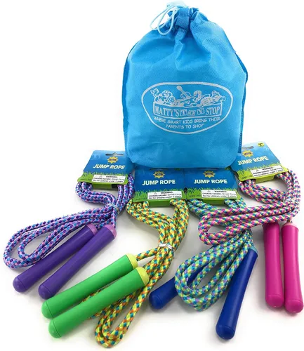 Paquete de 4 cuerdas de saltar de lujo de 7 pies (7 pies) rosa, verde, morado y azul, paquete de fiesta con bolsa de almacenamiento Matty's Toy Stop