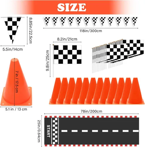Miniatura 2 de AHIER Juego de 38 conos de tráfico y banderas de carreras – 12 conos de plástico con agujero, 24 banderas a cuadros con palos, corredor de pista