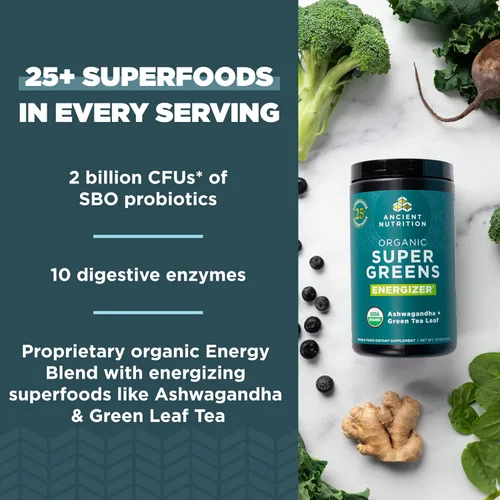 Miniatura 3 de Ancient Nutrition Polvo energizante orgánico SuperGreens con probióticos y B12, hecho de frutas, verduras y hierbas reales, para digestivo