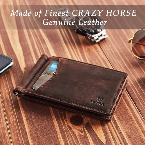 Miniatura 8 de YBONNE - Cartera fina con clip para dinero, de cuero auténtico, bloqueo RFID, minimalista
